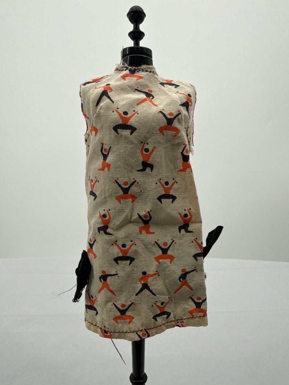 VTG Mod Stick Figure Novelty Print Beige Mini Shift Fashion Doll Dress Handmade